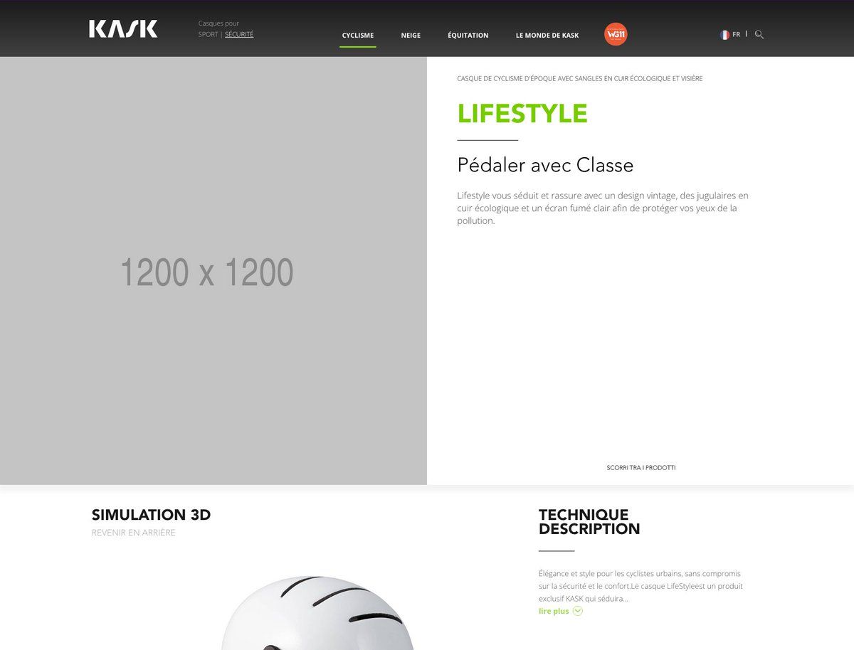 Copie d'écran d'une page produit du site Kask avec le visuel principal montrant un carré gris avec inscrit "1200 x 1200"